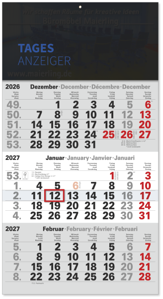 3-Monatskalender Tagesanzeiger blau