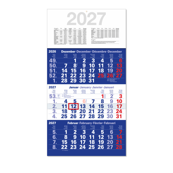 3 Monatskalender mit Kalenderwochen und dunklem Design blau